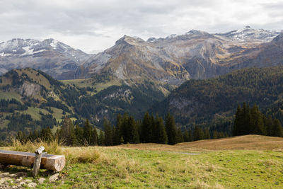 Scenic view of field and mountains against sky