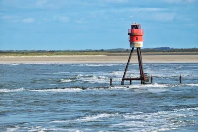 Lighthouse by sea against sky