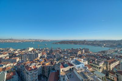 High angle view of townscape by sea against clear blue sky