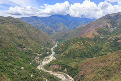 High angle view of valley against sky