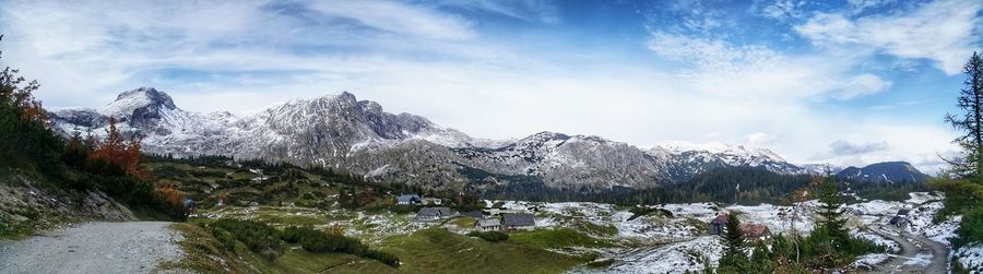 Scenic view of snowcapped mountains against sky