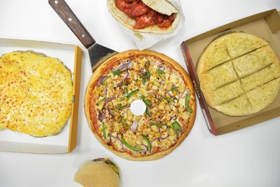 High angle view of food served on table