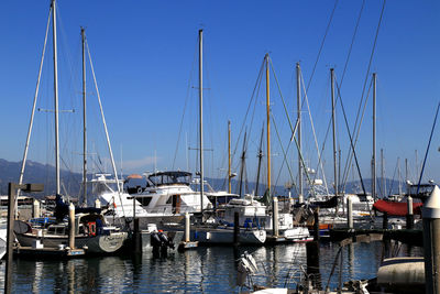 Boats moored at harbor against clear sky