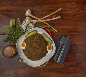 High angle view of breakfast on table