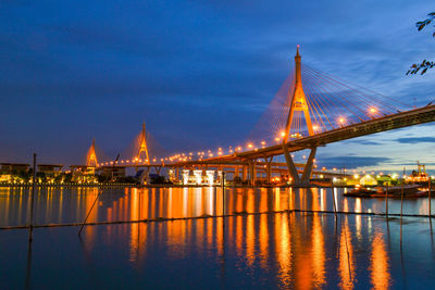 Illuminated bridge over river against sky in city