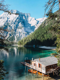 Scenic view of lake and snowcapped mountains against sky