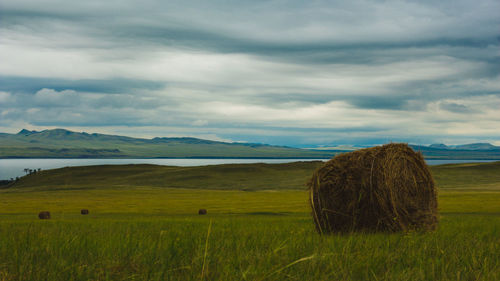 Hay bales on field against sky