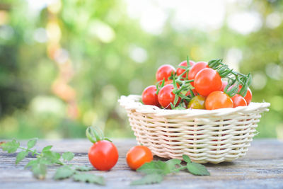 Close-up of cherry tomatoes in basket on table