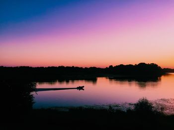 Boat moving on lake by silhouette plants against clear sky at dusk