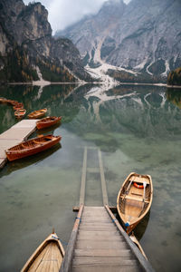 High angle view of fishing boats on lake