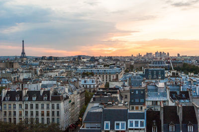 High angle view of townscape against sky during sunset