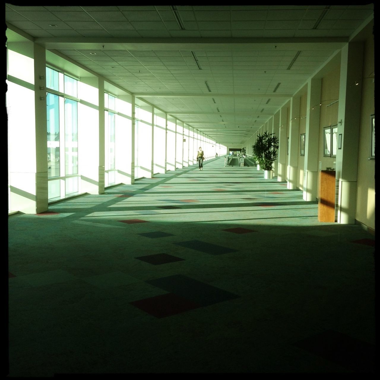 indoors, ceiling, the way forward, architecture, built structure, diminishing perspective, empty, corridor, flooring, absence, sunlight, shadow, vanishing point, long, in a row, day, narrow, no people, tiled floor, window