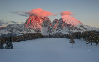 Scenic view of snowcapped mountains against sky during winter