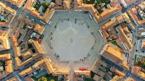 High angle view of street amidst buildings in city