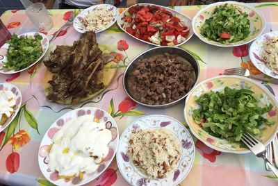 High angle view of meal served on table