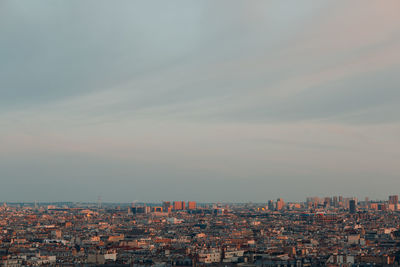 High angle view of townscape against sky at sunset