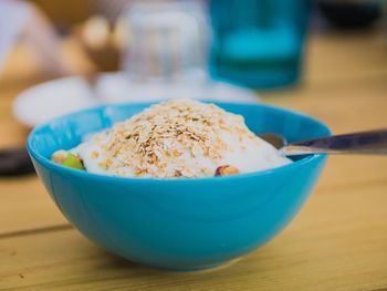 Close-up of breakfast served on table