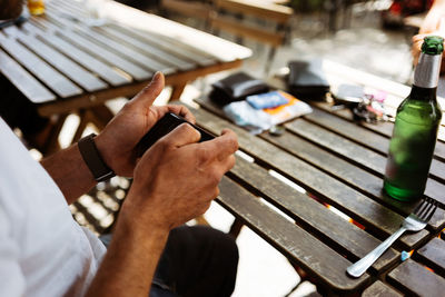 High angle view of man playing piano