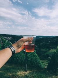 Cropped image of man holding drink against sky