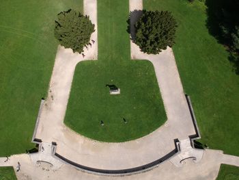 High angle view of field amidst pathway at park