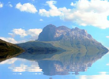 Scenic view of lake and mountains against sky