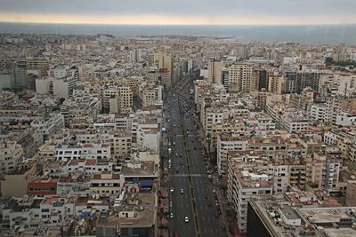 High angle view of modern buildings in city