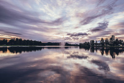 Scenic view of lake against sky at sunset