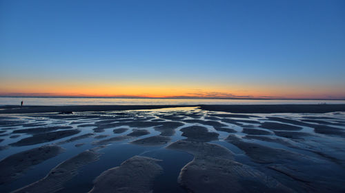 Snow covered landscape against sky during sunset