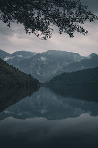 Scenic view of lake and mountains against sky