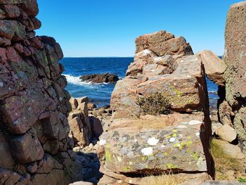 Rocks on beach against clear blue sky