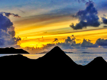 Scenic view of silhouette mountains against sky during sunset