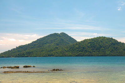 Scenic view of sea and mountains against sky