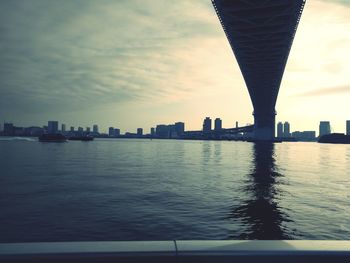 Scenic view of river by buildings against sky during sunset