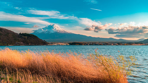 Scenic view of lake against cloudy sky