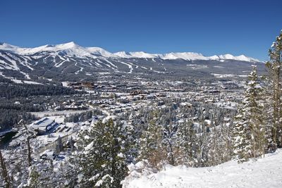 Scenic view of snowcapped mountains against clear sky