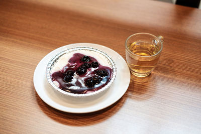 High angle view of drink in glass on table