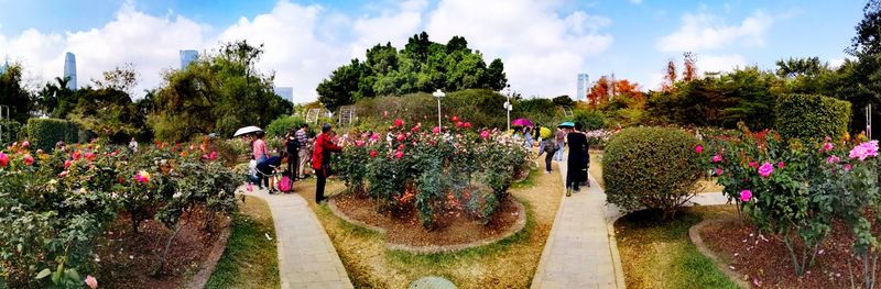 Panoramic view of people in park against sky