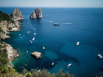 High angle view of sailboats in sea