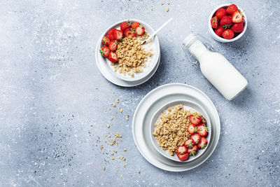 High angle view of breakfast served on table