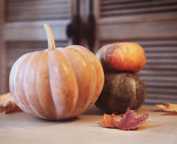 Close-up of pumpkins on table