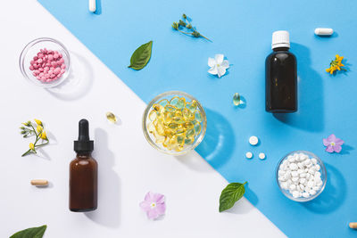 High angle view of beauty products on table