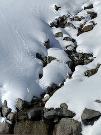 High angle view of snow covered rocks
