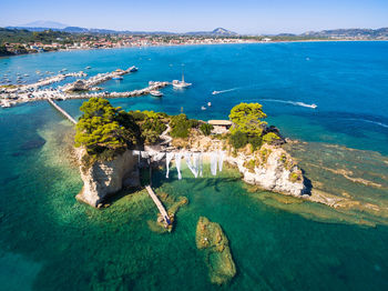 High angle view of bay against clear sky