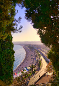 High angle view of road by sea against sky