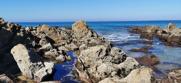 Panoramic view of sea against clear sky