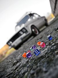 Close-up of toy car on wooden table