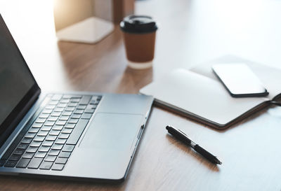 High angle view of laptop on table