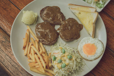 High angle view of breakfast served on table