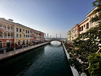 Canal amidst buildings against clear sky