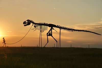 Silhouette of barbed wire on field against sky during sunset